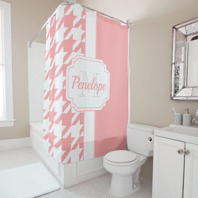 Pink Houndstooth Pattern Shower Curtain (In Situ)