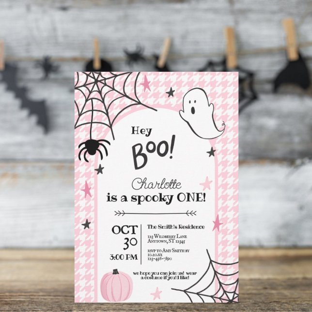Pink Houndstooth Spooky One Halloween Birthday Invitation (Creator Uploaded)