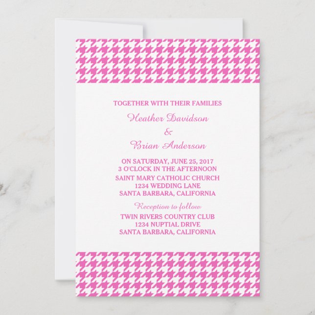 Pink Houndstooth Wedding Invite (Front)