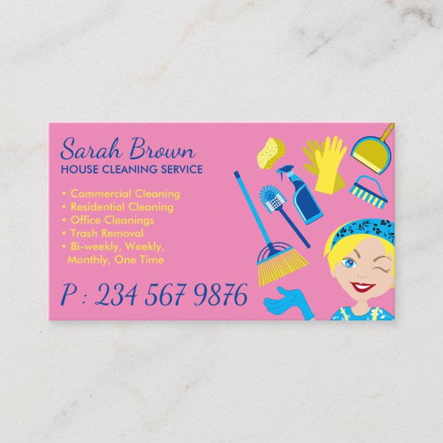 Pink House Cleaning Janitorial Gloved Apron Maid Business Card (Front)
