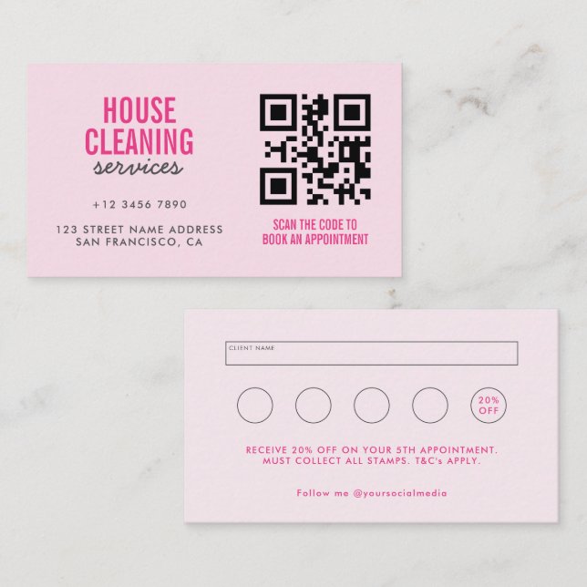 Pink House Cleaning Services QR Code Loyalty & Bus Business Card (Front/Back)