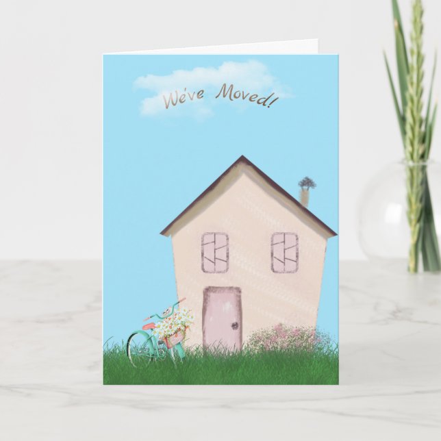 pink house with bike and cat for new home card (Front)