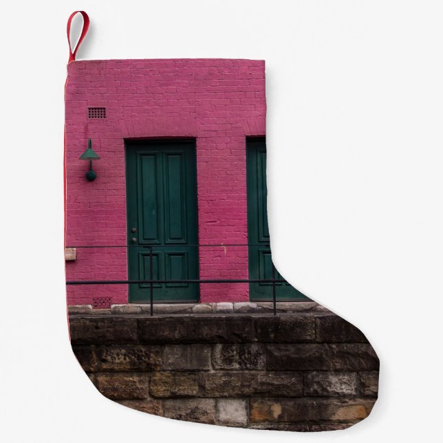 PINK HOUSE WITH TWO DOORS SMALL CHRISTMAS STOCKING (Front)