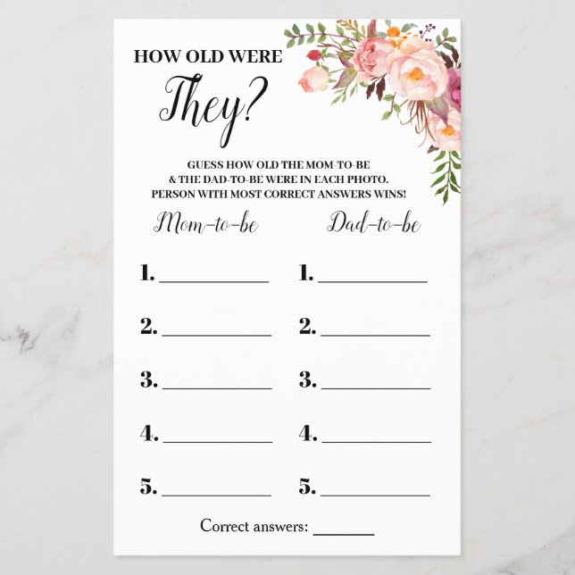 Pink How Old Were They Baby Shower Game Card (Front)