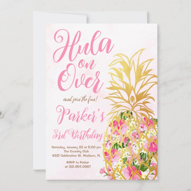 Pink Hula on over, Luau, Pineapple Birthday Party Invitation (Front)