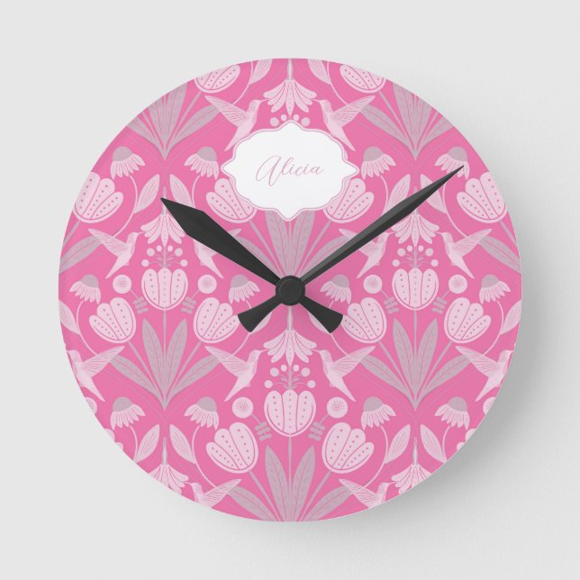 Pink Hummingbird Coquette Personalised floral Round Clock (Front)