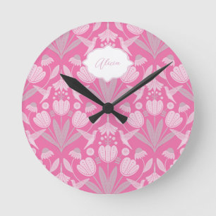 Pink Hummingbird Coquette Personalized floral Round Clock