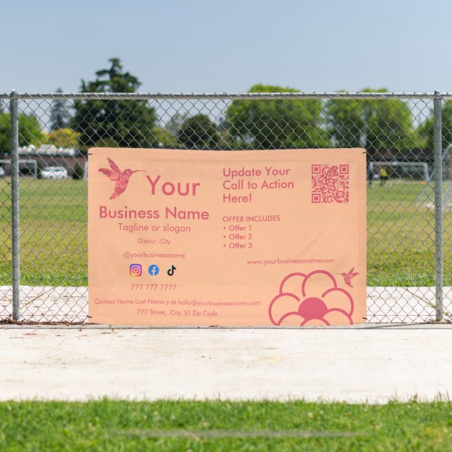 Pink Hummingbird Logo QR Code Peach Fuss Business Banner (Insitu)