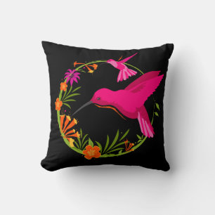 Pink Hummingbirds on Black Tropical Cushion