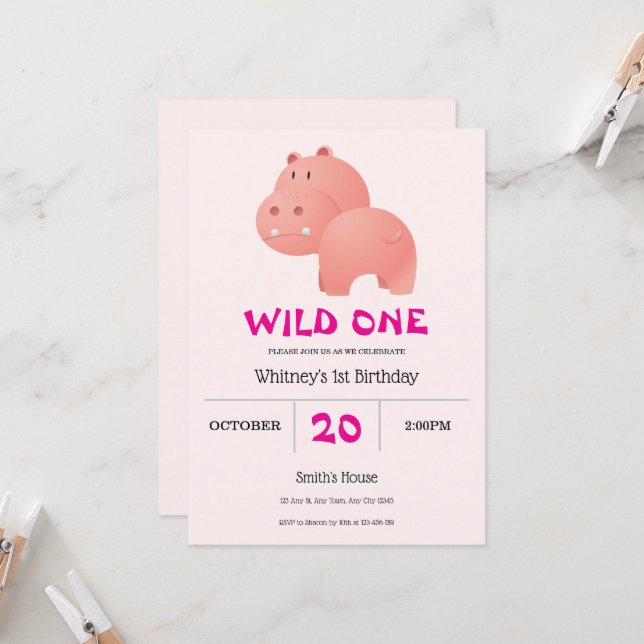 Pink Hungry Hippo 1st Birthday Invitation (Front/Back In Situ)