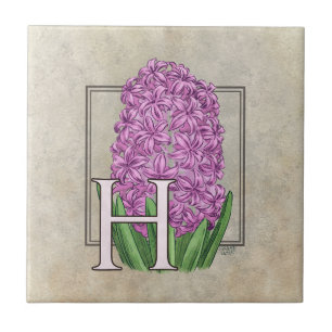 Pink Hyacinth Floral Monogram Ceramic Tile