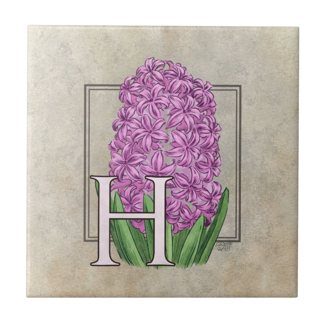 Pink Hyacinth Floral Monogram  Ceramic Tile (Front)