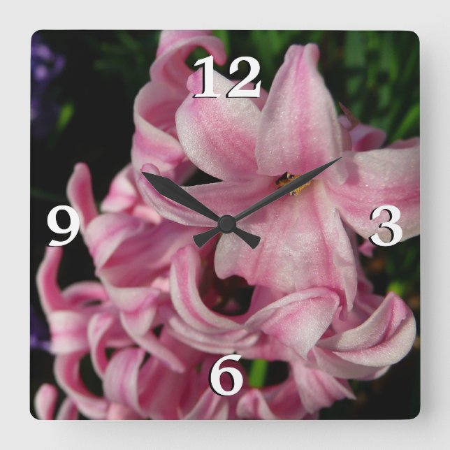 Pink Hyacinth Spring Floral Square Wall Clock (Front)