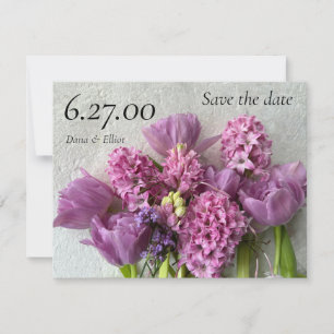 Pink hyacinths and tulips arrangement save the date