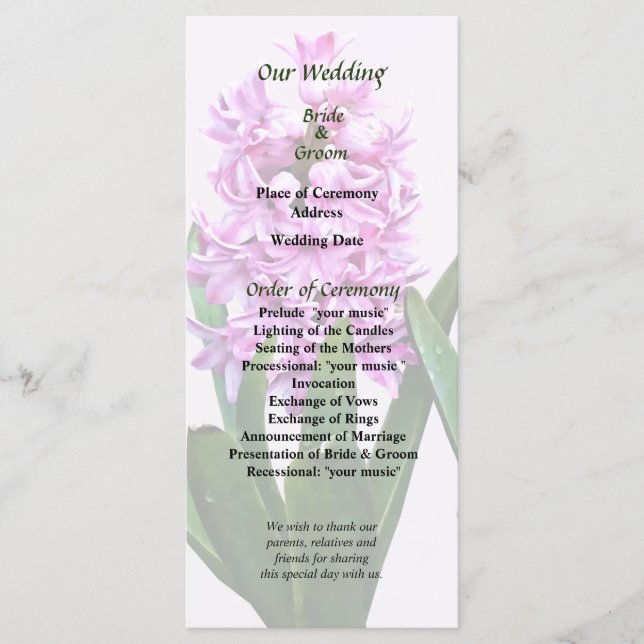 Pink Hyacinths Duo Wedding Program (Front)