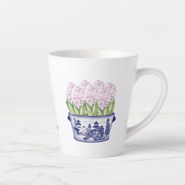 Pink Hyacinths in Chinoiserie Planter Ceramic  Latte Mug (Right)
