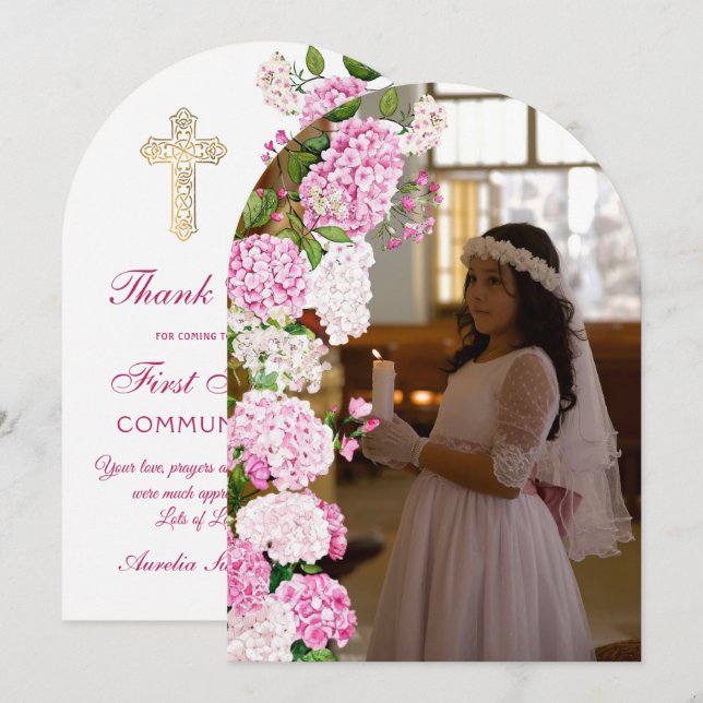 Pink Hydrangea Arch First Communion Thank You Card (Front/Back)