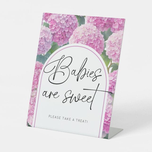 Pink Hydrangea Babies Sweet Baby Shower Pedestal Sign (Front)