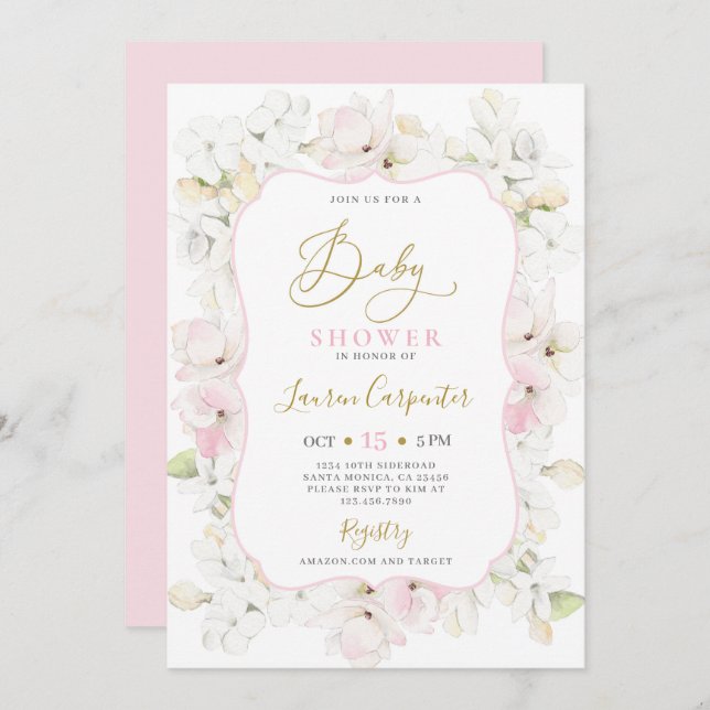 Pink Hydrangea Baby Shower Girl Invitation (Front/Back)
