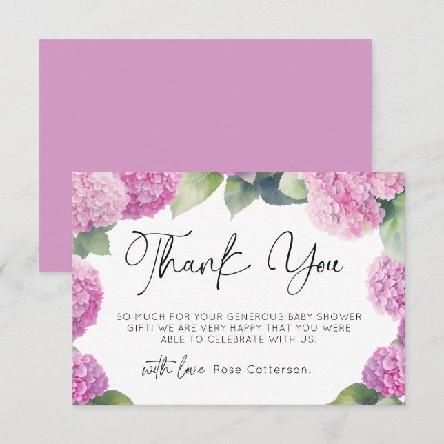 Pink Hydrangea Baby Shower Thank You  Enclosure Card (Front/Back)