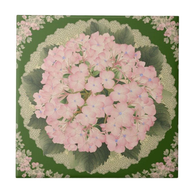 Pink Hydrangea Blooms Floral Ceramic Tile (Front)