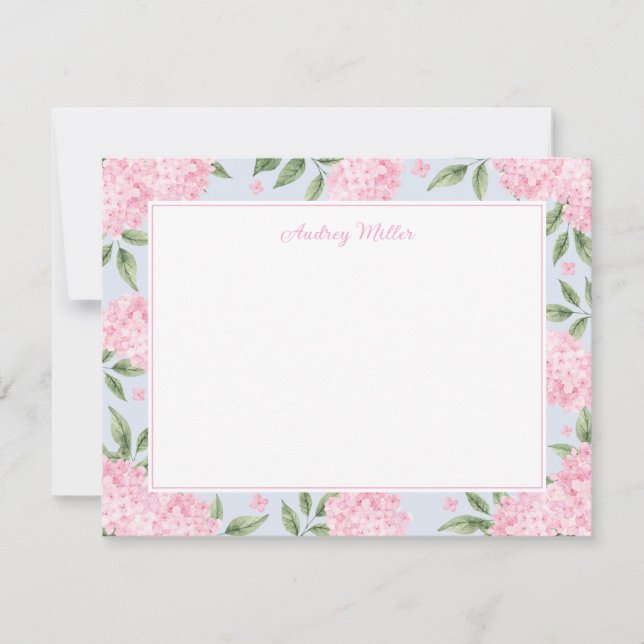 Pink Hydrangea Border Blue Personalised Card (Front)
