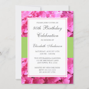Pink Hydrangea Border Green 80th Birthday Party Invitation
