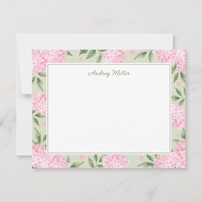 Pink Hydrangea Border Green Personalised Card (Front)