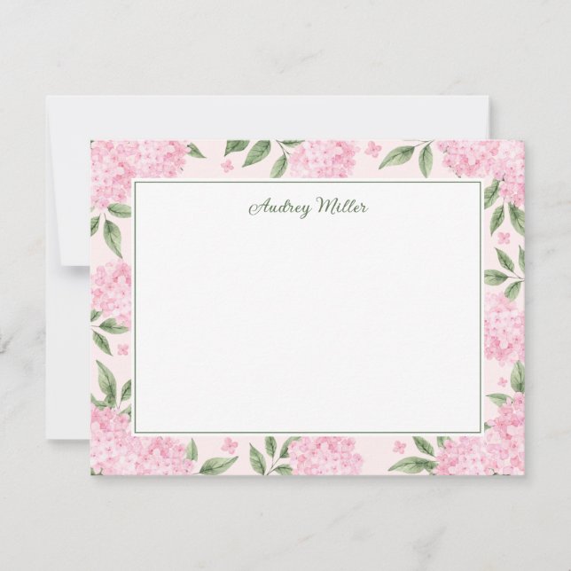 Pink Hydrangea Border Pink Personalised Card (Front)
