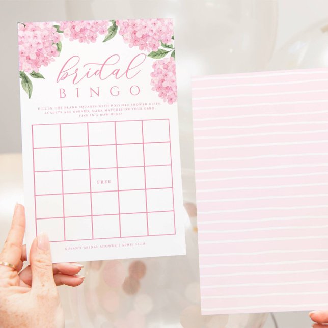 Pink Hydrangea Bridal Shower Paper Bingo Game Card (Creator Uploaded)