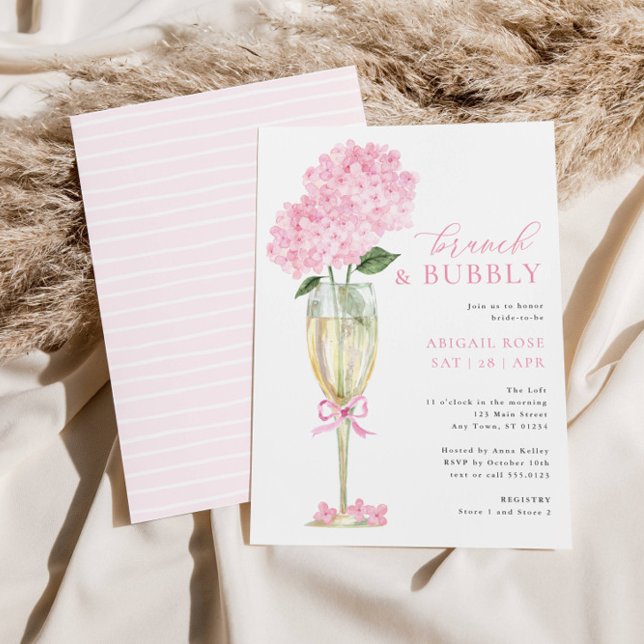 Pink Hydrangea Brunch and Bubbly Champagne Glass Invitation (Creator Uploaded)