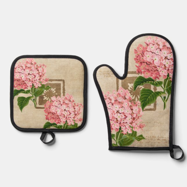 Pink Hydrangea Clusters II Oven Mitt & Pot Holder Set (Front)