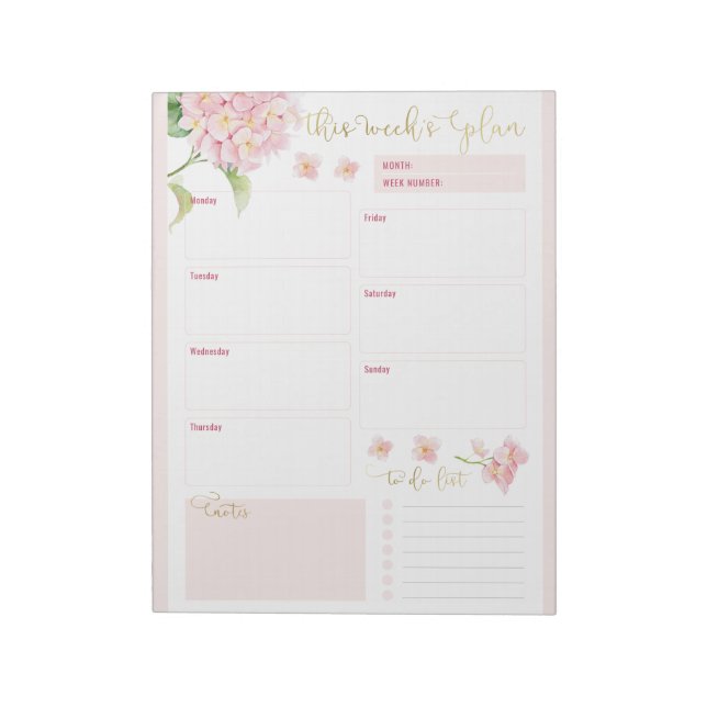 Pink Hydrangea Daily Planner Notepad (Rotated)
