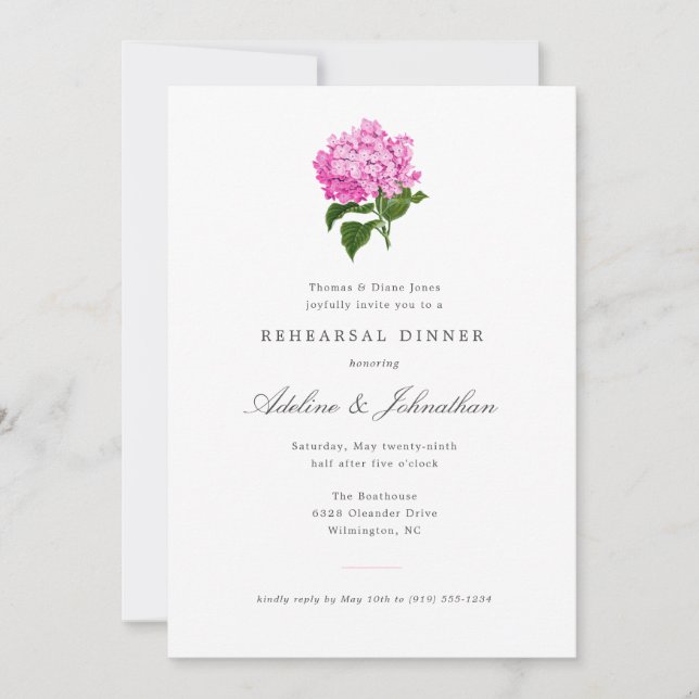 Pink Hydrangea Elegant Rehearsal Dinner Invitation (Front)