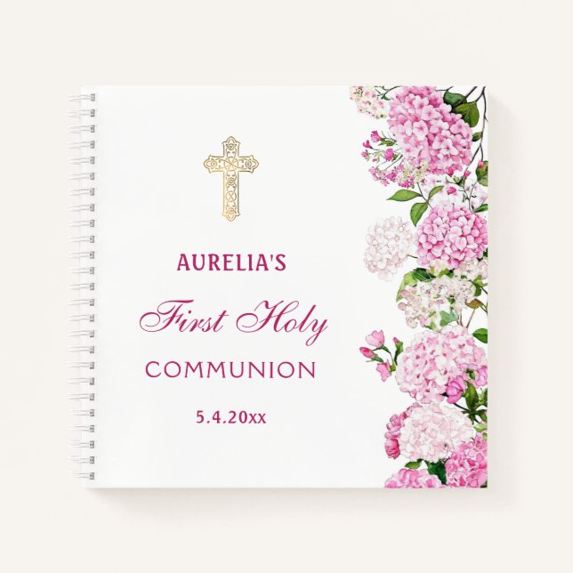 Pink Hydrangea First Communion Guest Book (Front)