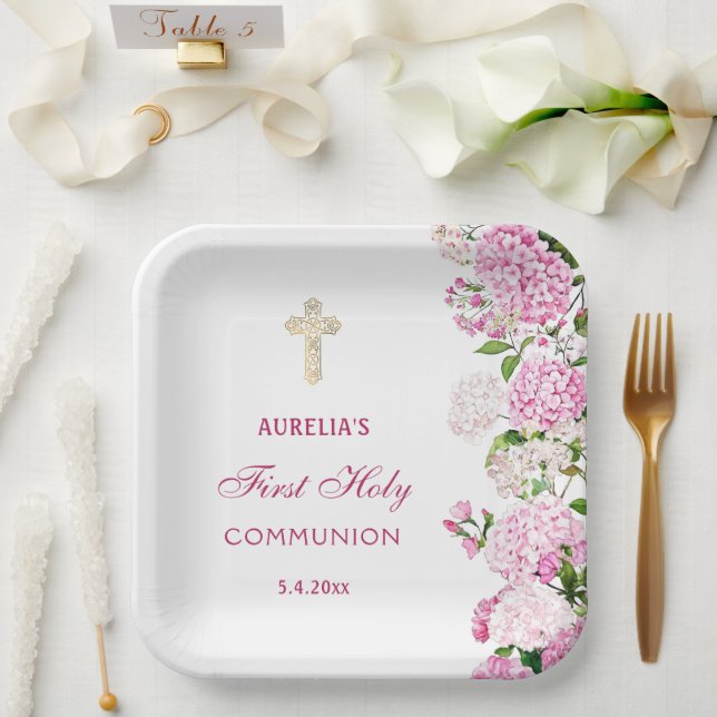 Pink Hydrangea First Communion Paper Plate (Wedding)