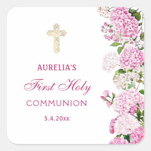 Pink Hydrangea First Communion Square Sticker