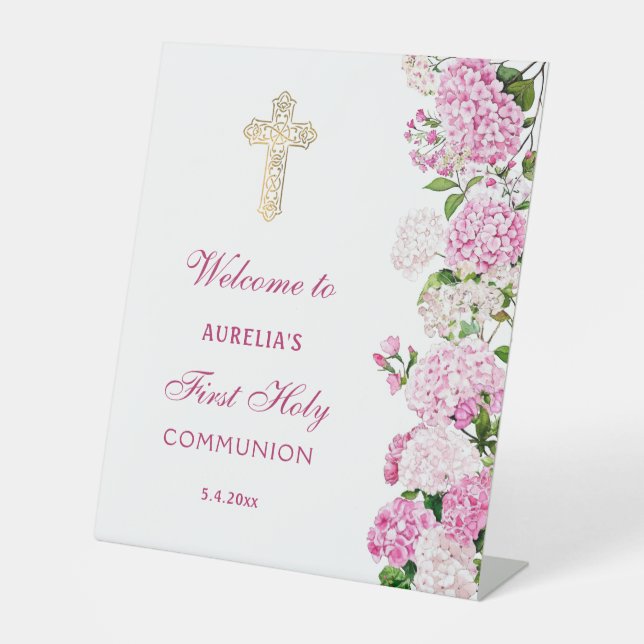 Pink Hydrangea First Communion Welcome Pedestal Sign (Front)