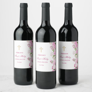 Pink Hydrangea First Communion Wine Label
