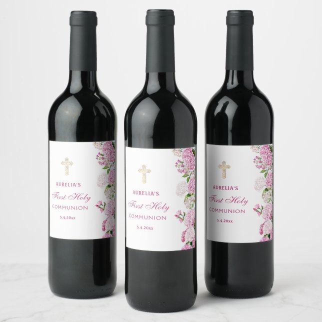 Pink Hydrangea First Communion Wine Label (Bottles)