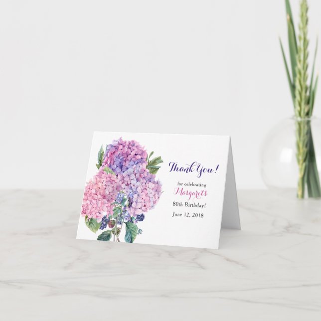 Pink Hydrangea Floral 80th Birthday Thank You Card (Front)