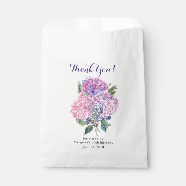 Pink Hydrangea Floral 80th Birthday Thank You Favour Bag (Front)