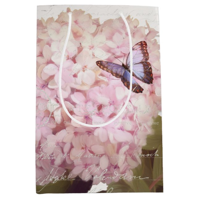 Pink Hydrangea Floral Butterfly Flower Script Art Medium Gift Bag (Front)