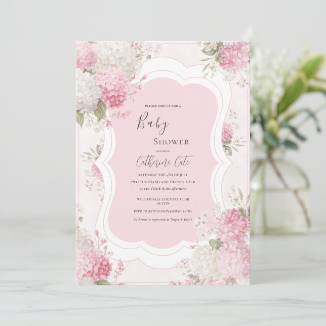 Pink Hydrangea Floral Elegant Baby Shower Invitation (Standing Front)