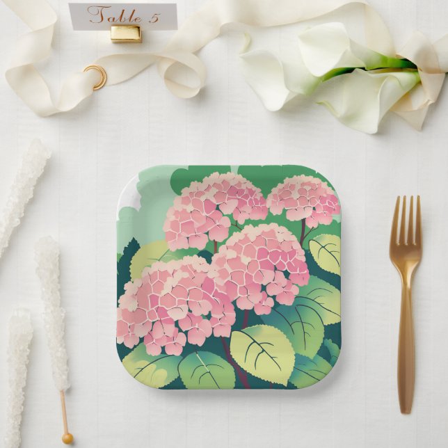 Pink Hydrangea Floral Elegant Garden Paper Plate (Wedding)