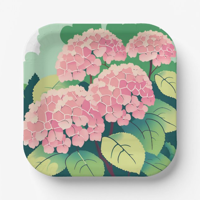Pink Hydrangea Floral Elegant Garden Paper Plate (Front)