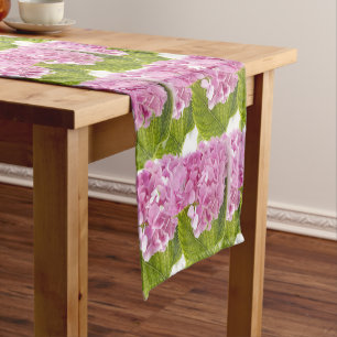 Pink Hydrangea Floral on White Short Table Runner