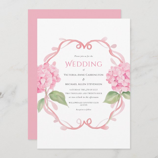 Pink Hydrangea Floral Watercolor Wedding Invitation (Front/Back)