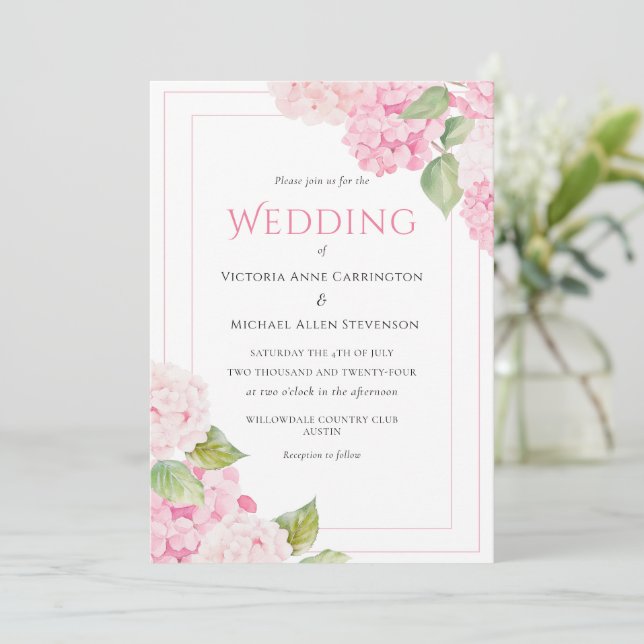 Pink Hydrangea Floral Watercolor Wedding Invitation (Standing Front)