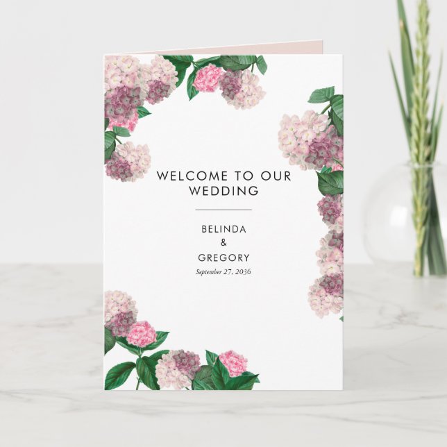 Pink Hydrangea Floral Wedding Order of Service Program (Front)
